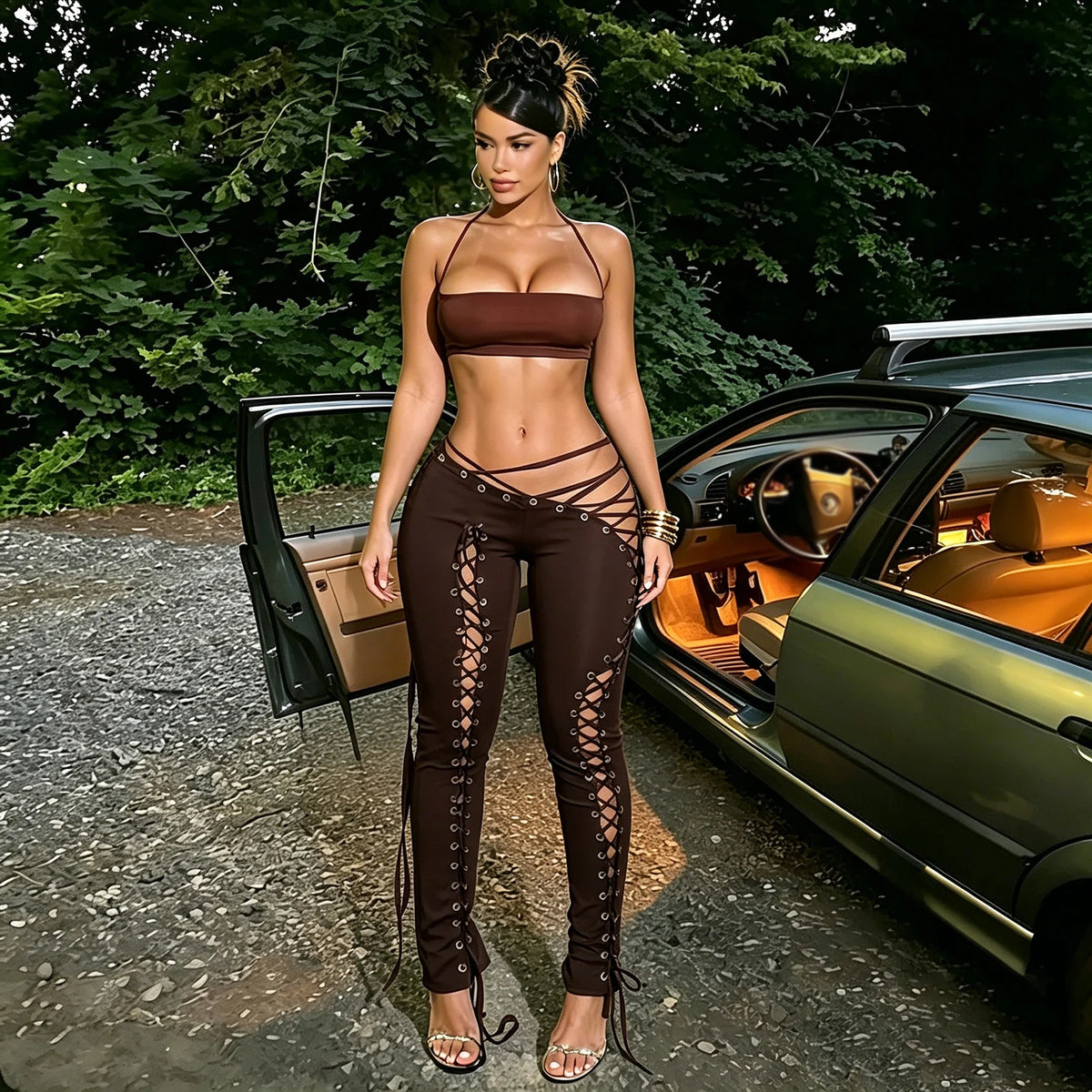 ITGIRLSOCIETY Halter Crop Top & Eyelet Pants Two Piece Set