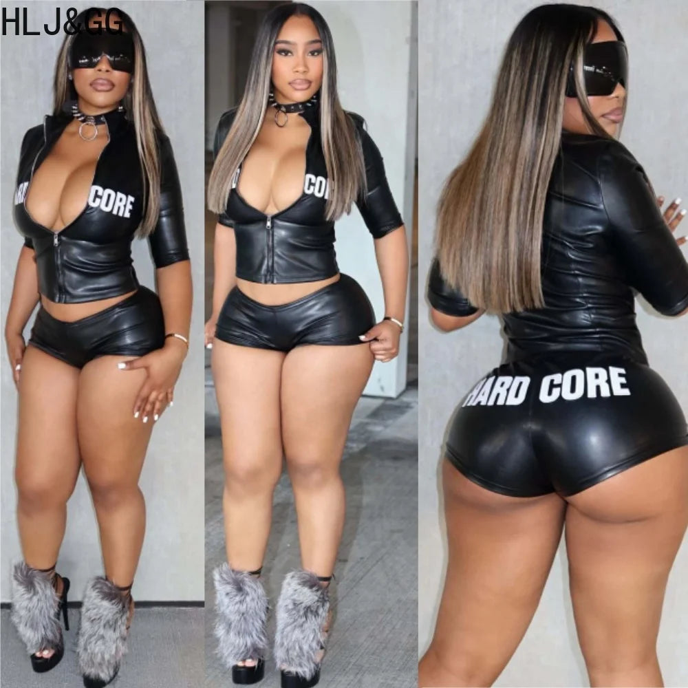 ITGIRLSOCIETY Y2K Letter Print Zip Crop Top & Shorts Streetwear Set
