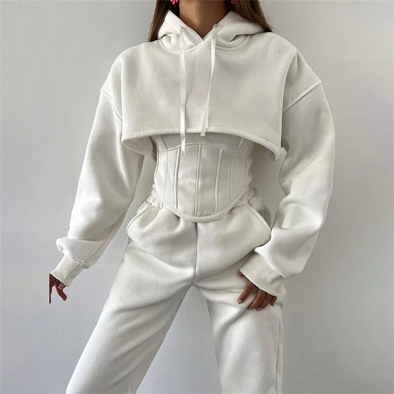 Yaminiya Y2K Sexy Sportswear Women's 3 Piece Set Long Sleeved Hooded Cardigan+slim Fit Strapless Vest+straight Leg Wide Pants