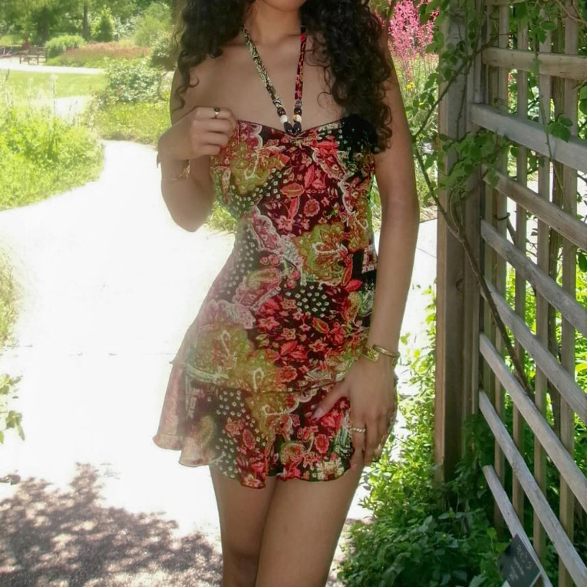 ITGIRLSOCIETY Romantic Print Halter Backless Mini Dress