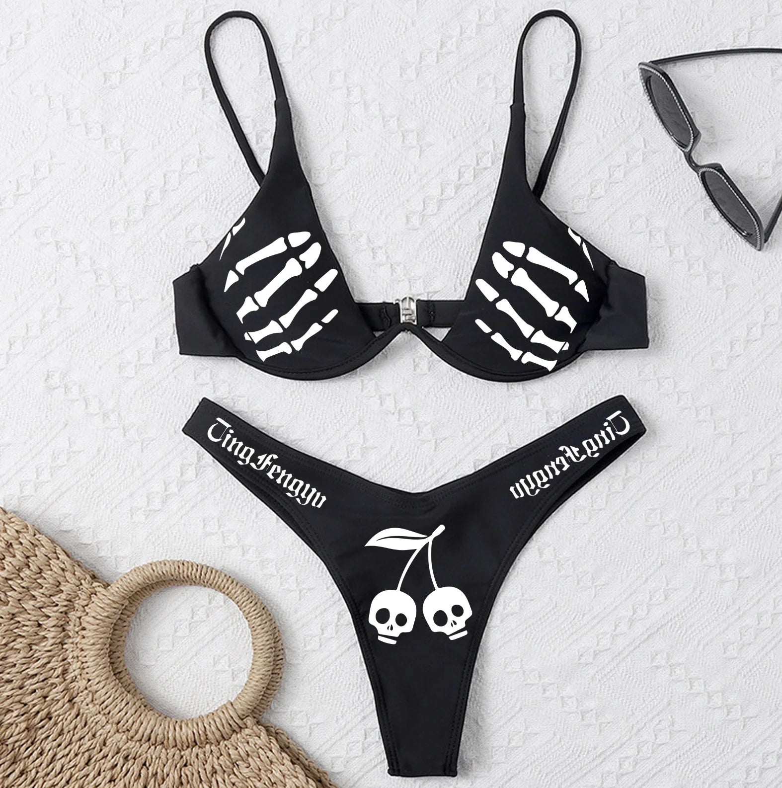 Punk Gothic Letters Print Bikinis Set Sexy Bikini 2023 Women Skull Pattern V-neck Swimwear Fashion Swimsuit Bathing Suit