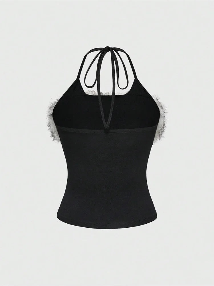 ITGIRLSOCIETY Y2K Goth Faux Fur Trim Cross Letter Print Cropped Halter Cami
