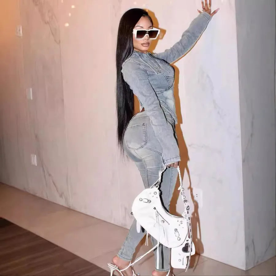 Denim Pant Set Women Two Piece Sets Matching Sets Zipper Short Tops Coats Long Pants High Waist Slim Fit Y2k Streetwear 2025