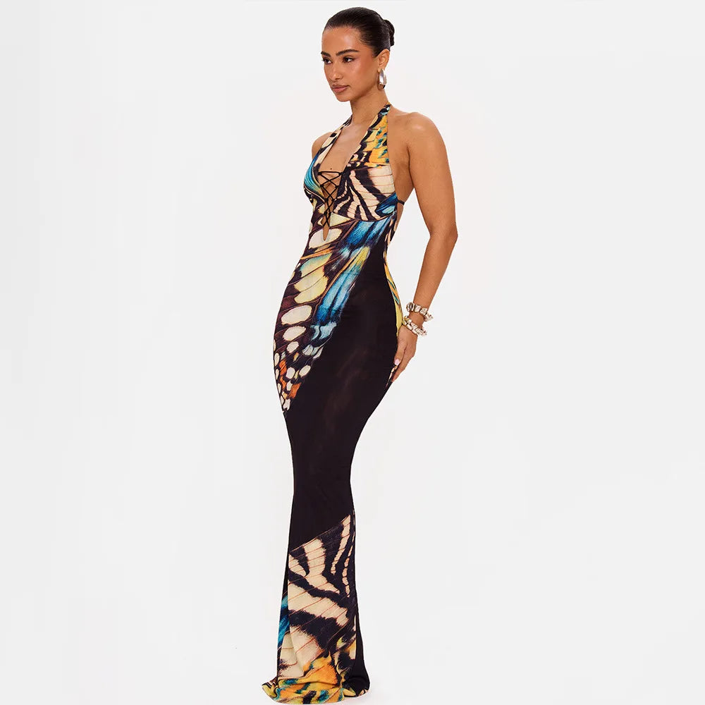 ITGIRLSOCIETY Butterfly Print Halter Maxi Dress