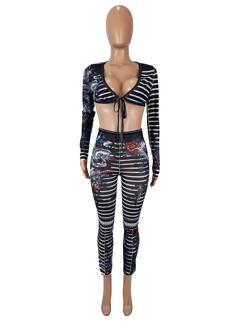 STYLISH LADY Cartoon Letter Printed Mesh 2 Piece Set Women Long Sleeve Crop Top and Skinny Pant Sets 2025 Sexy Club Party Outfit