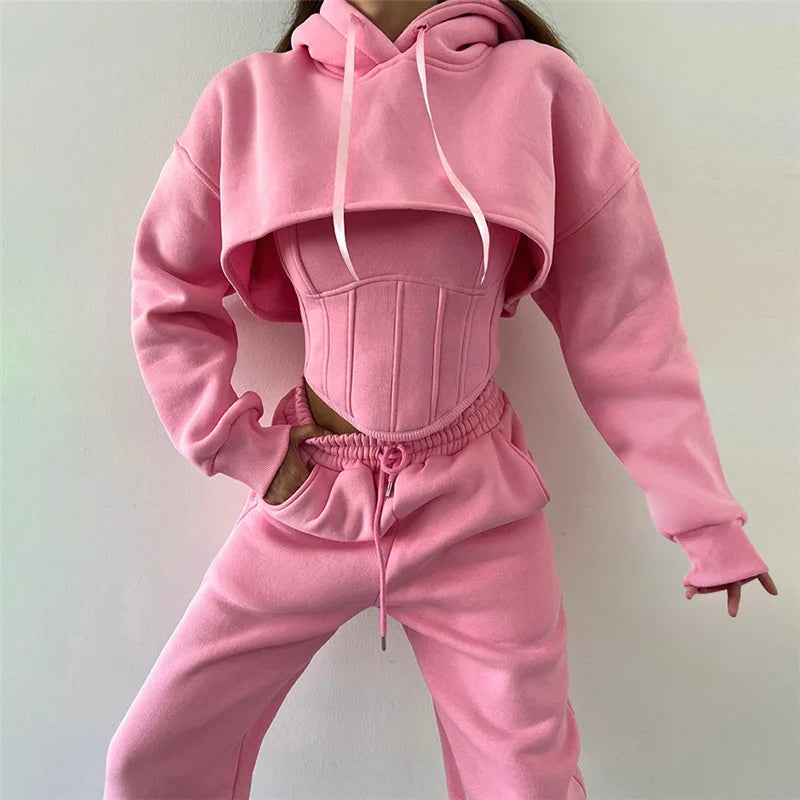 Yaminiya Y2K Sexy Sportswear Women's 3 Piece Set Long Sleeved Hooded Cardigan+slim Fit Strapless Vest+straight Leg Wide Pants