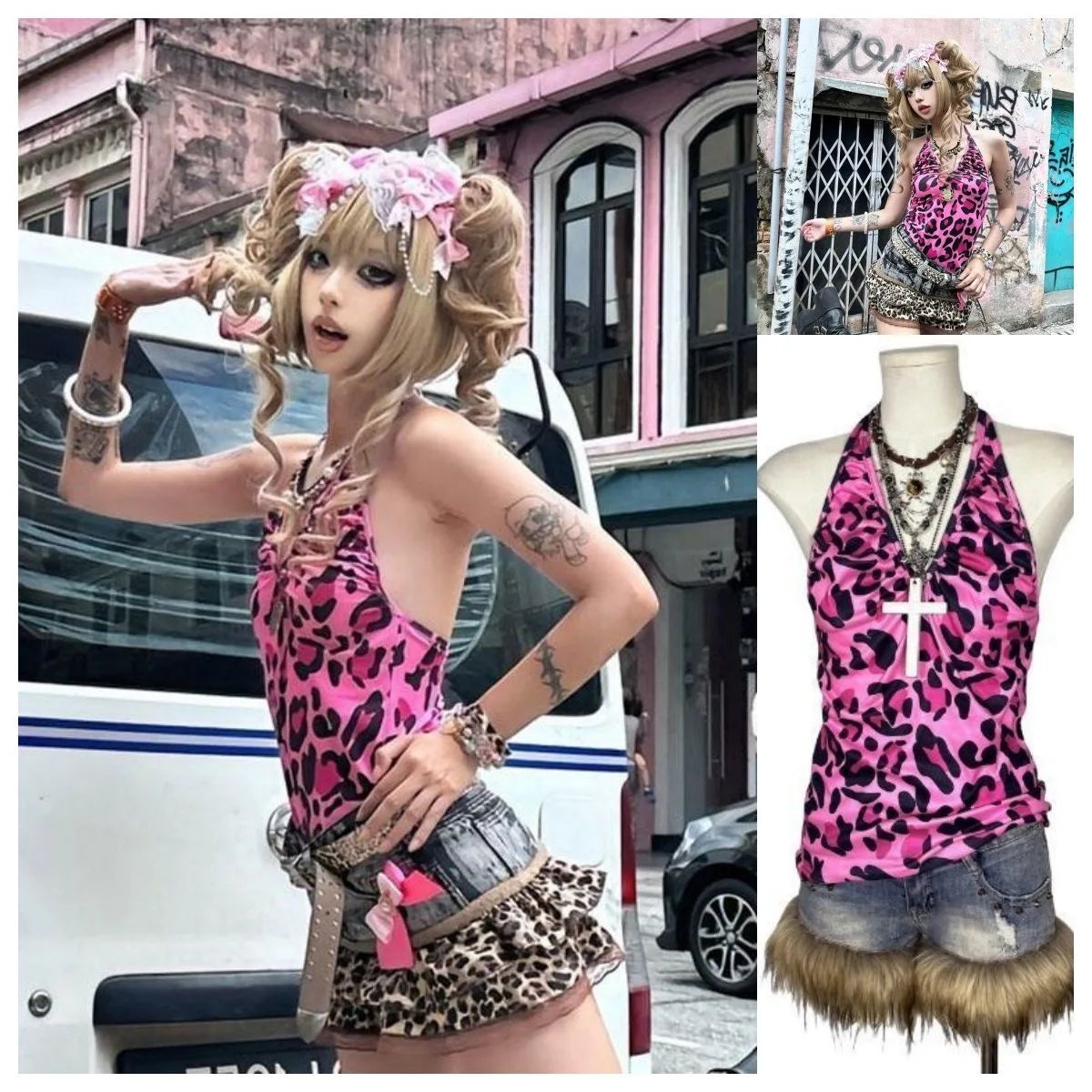 ITGIRLSOCIETY Y2K Leopard Lace Patchwork Cami Tank Top