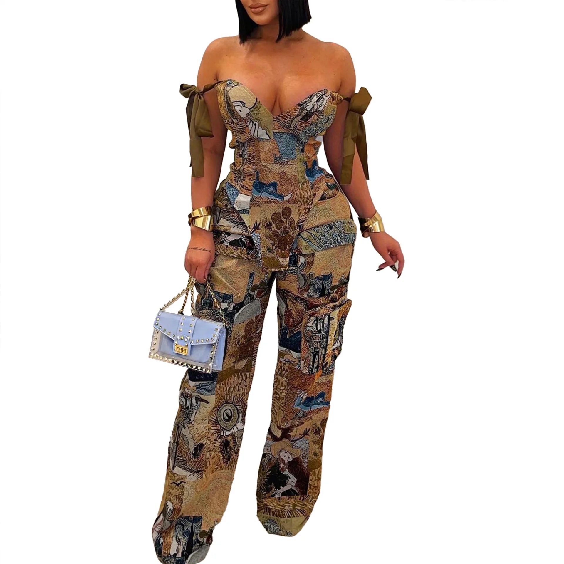 2 Piece Sets Women Print Top Straight Pants Suit Multiple Pockets Strapless Floor Length Trousers Ensemble 2025 Sexy Outfits