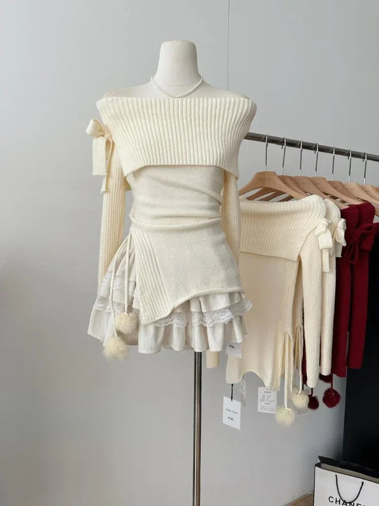 ITGIRLSOCIETY Slash Neck Bow Sweater & Mini Skirt Set