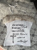 ITGIRLSOCIETY Y2K Goth Faux Fur Trim Cross Letter Print Cropped Halter Cami