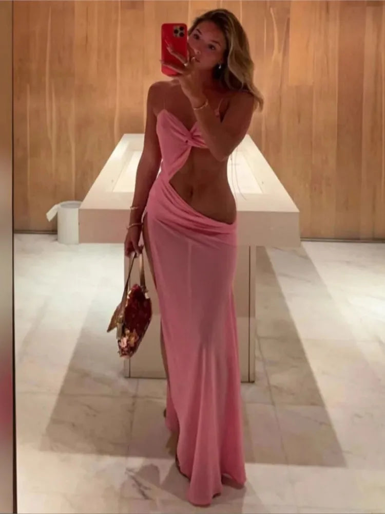 Solid Color Sexy Spaghetti Strap Slim Slit Long Dress Women Hollow Out Backless See Through Sleeveless Beach Party Dress Summer