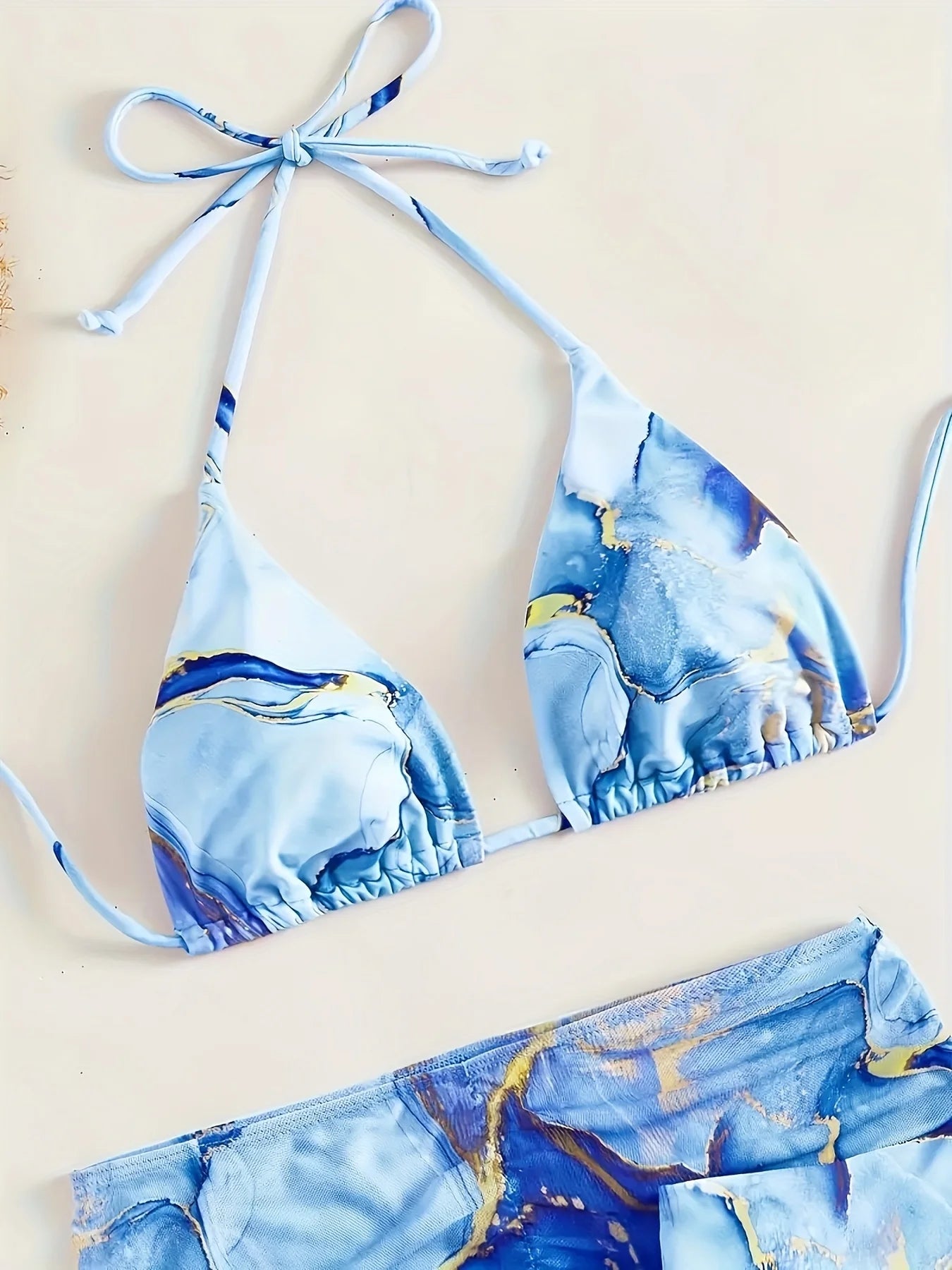 Summer European & American Marble Print | Women's Bikini + Cover-Up Skirt Set, Luxury Chic Style, Summer Yacht Club Gathering Ou