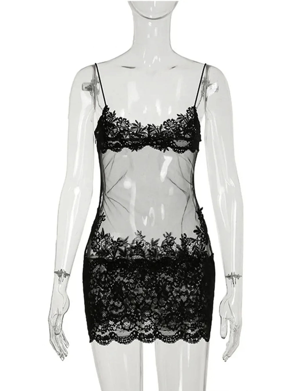 ITGIRLSOCIETY Lace Embroidery Mesh Mini Dress
