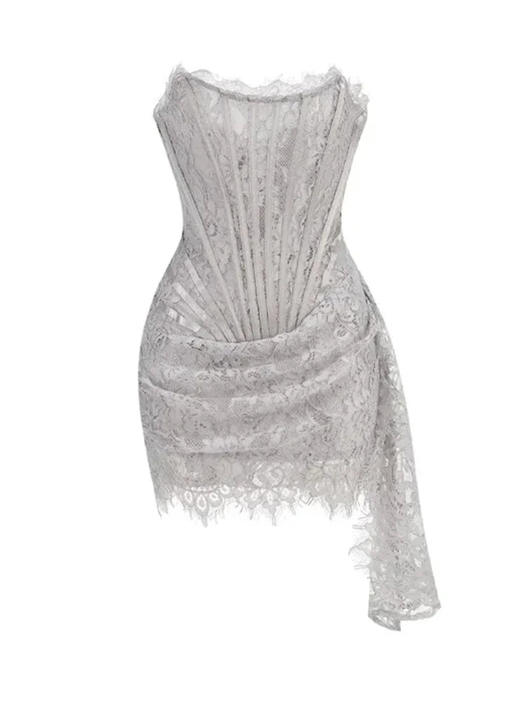 TARUXY Sexy Lace See-through Patchwork Corset Dress Female Bodycon Elegant Party MIrrgualr Mini Dress Women Tube Top Dress New