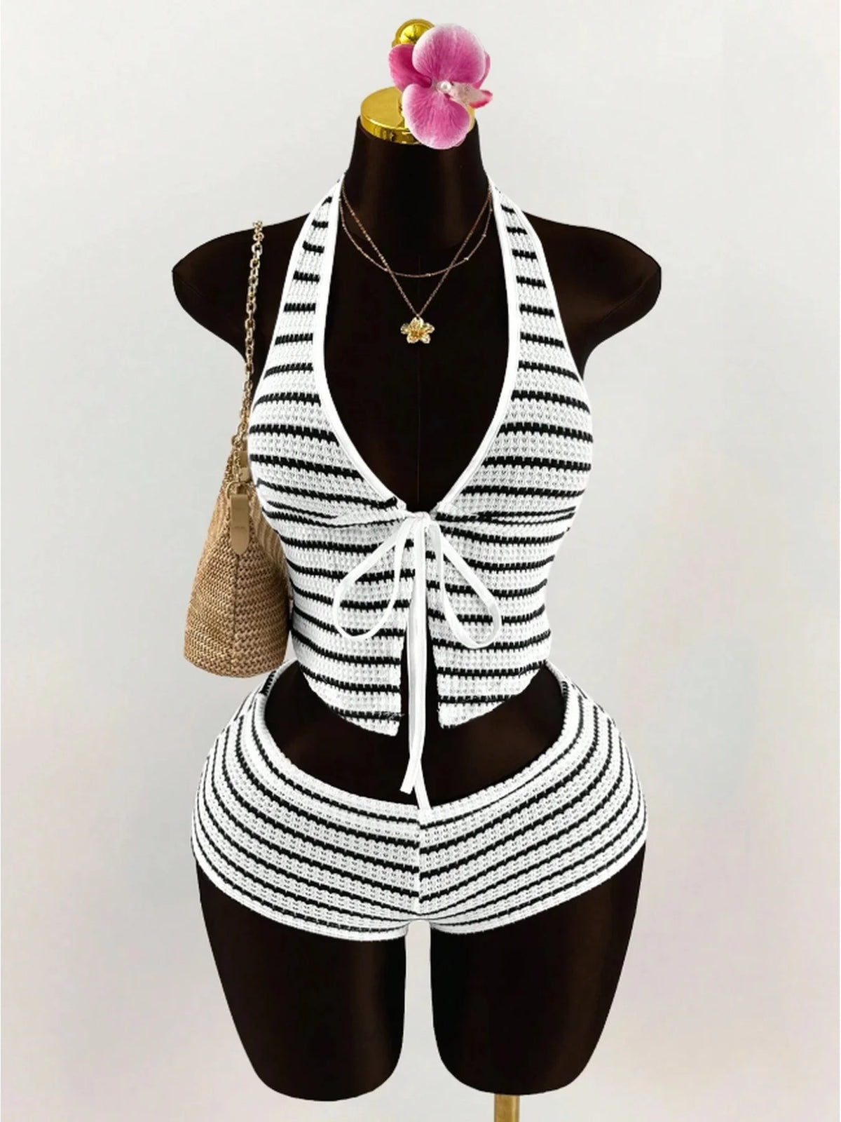 ITGIRLSOCIETY Color Block Tied Halter Two-Piece Set
