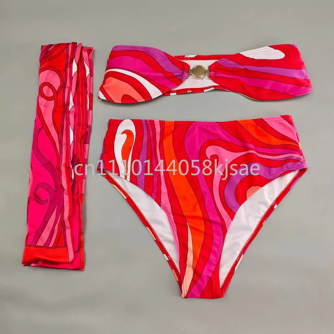 Classic Design Women's Red Bikini Sets Fashion Brand Lady Beachwear Headband Swimsuits Swimwear