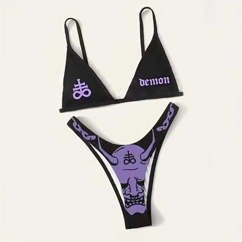 Punk Gothic Letters Print Bikinis Set Sexy Bikini 2023 Women Skull Pattern V-neck Swimwear Fashion Swimsuit Bathing Suit