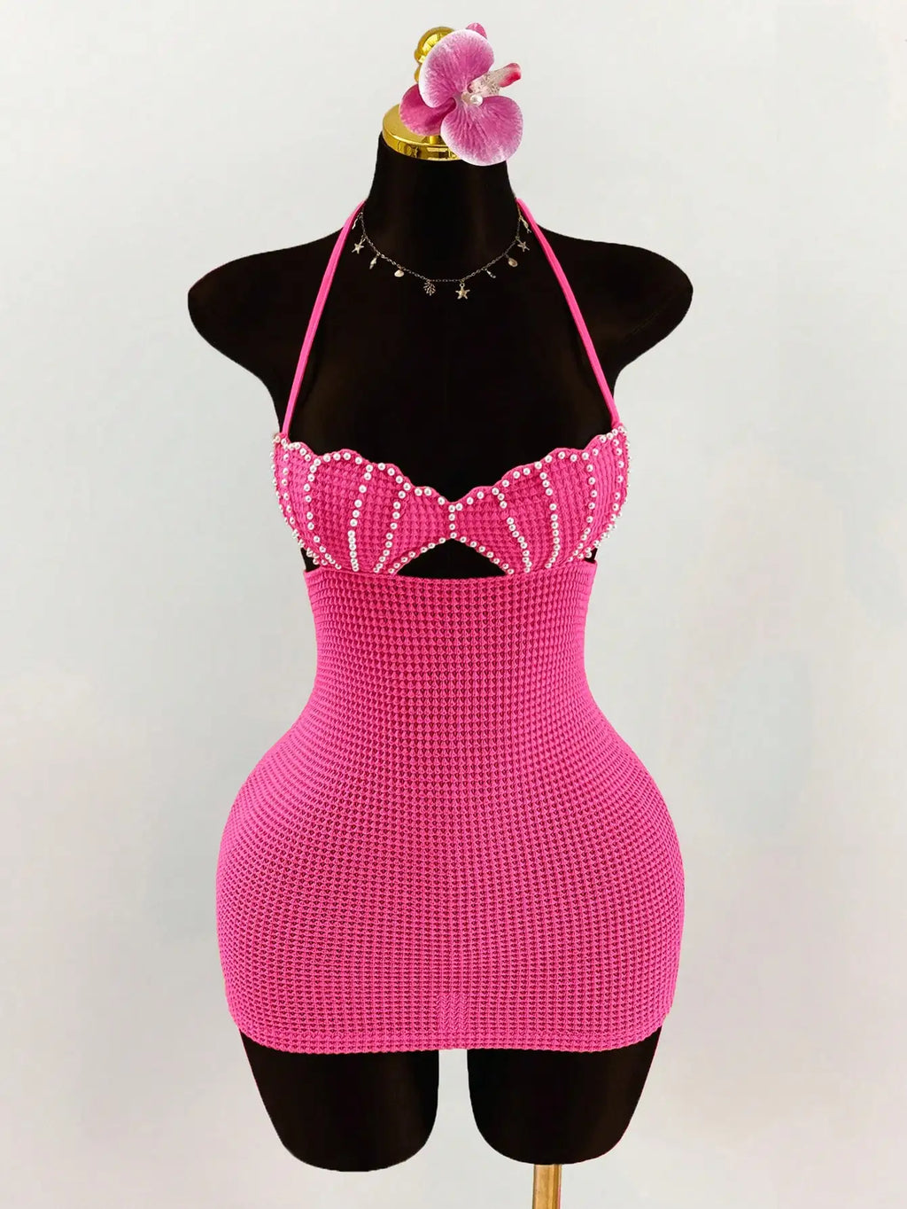 Pearl Shell Halter Backless Mini Bodycon Dress Crochet Bikini Dress