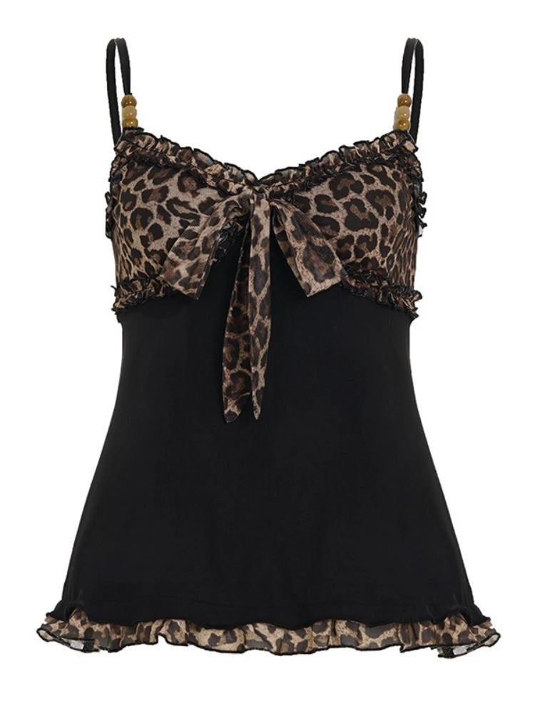ITGIRLSOCIETY Leopard Lace-Up Patchwork Crop Tank Top
