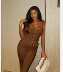 ITGIRLSOCIETY Ribbed Lace-Up Corset Tank & Shorts Set