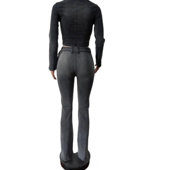 ITGIRLSOCIETY Dark Gray Denim Flare Pants Two-Piece Set