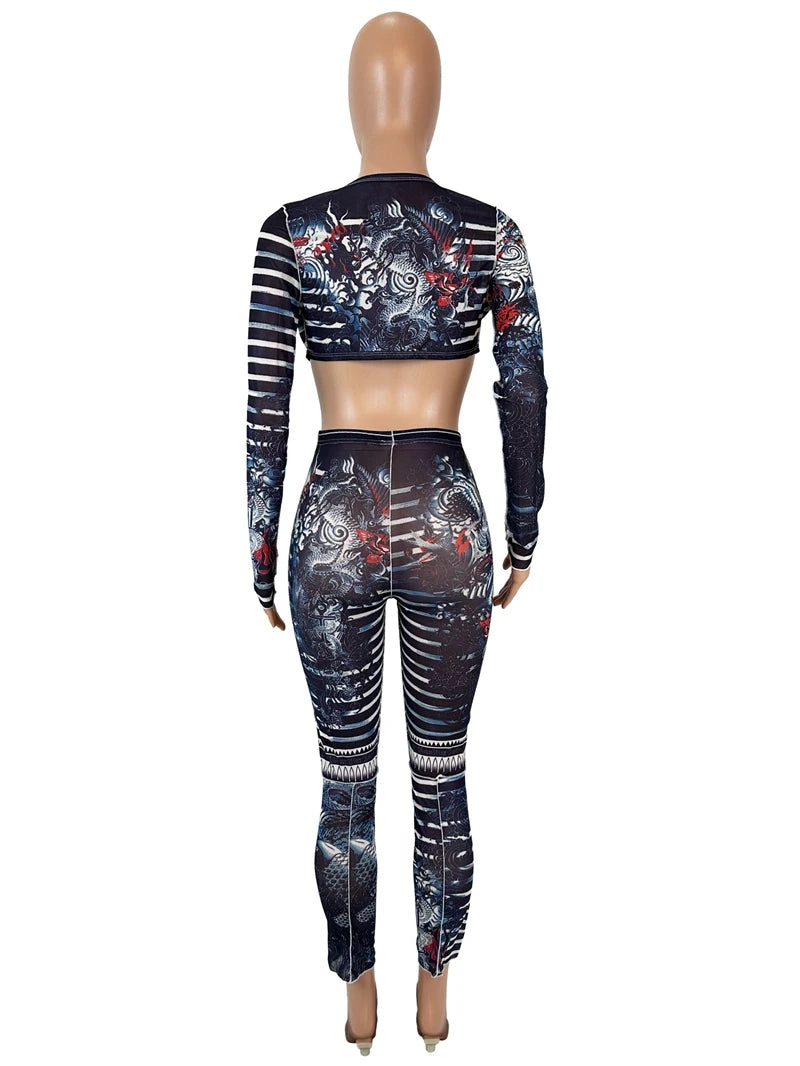 STYLISH LADY Cartoon Letter Printed Mesh 2 Piece Set Women Long Sleeve Crop Top and Skinny Pant Sets 2025 Sexy Club Party Outfit