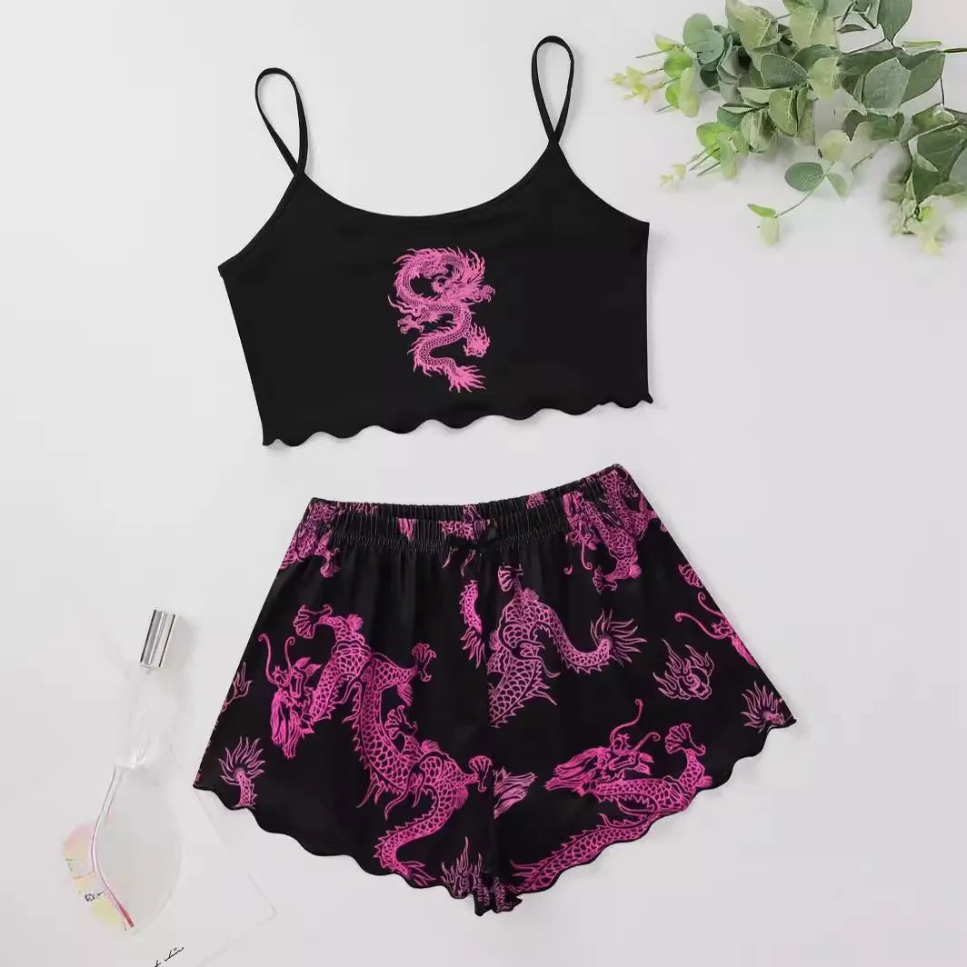 ITGIRLSOCIETY Sexy Dragon Print Halter Top & Shorts Pajama Set