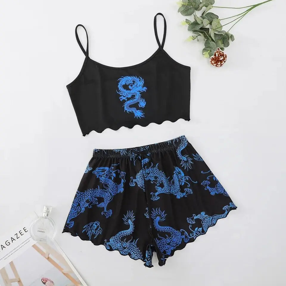 ITGIRLSOCIETY Sexy Dragon Print Halter Top & Shorts Pajama Set
