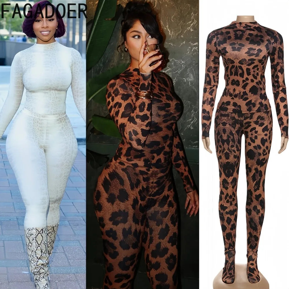 FAGADOER Sexy Leopard Print Two Piece Outfits Woman Round Neck Long Sleeves Crop Top and Skiny Pants Female Streetwear Clothing