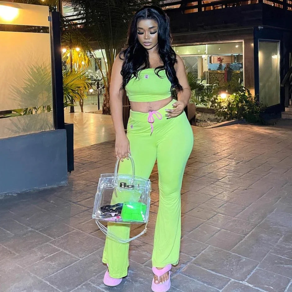 FAGADOER Y2k Fashion 2 Piece Sets Woman Outfit Embroidery Crop Top + Drawstring Flared Pants Suit Female Streetwear Clothing New