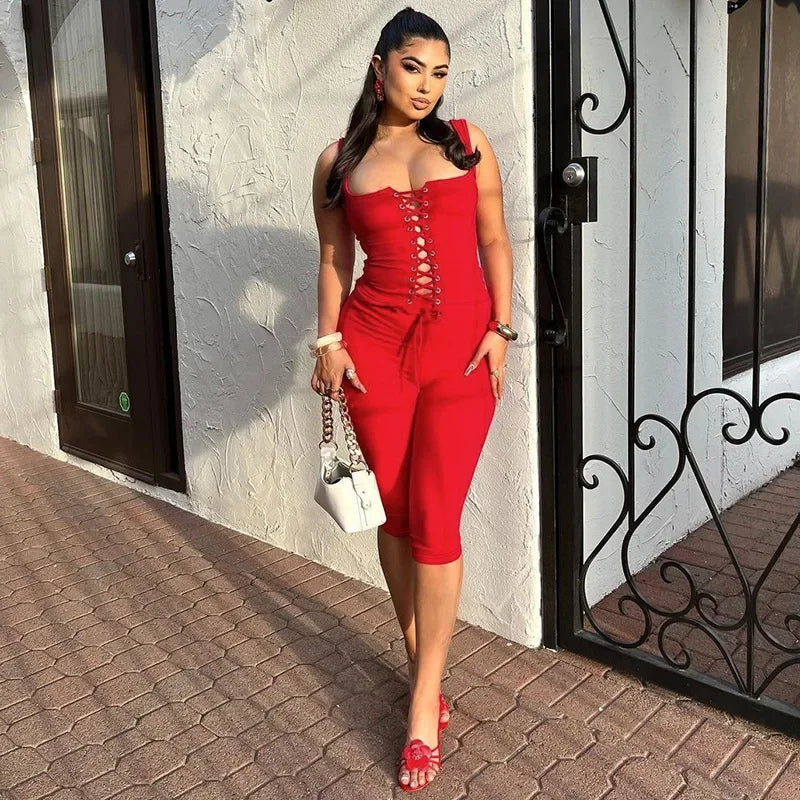 ITGIRLSOCIETY Ribbed Lace-Up Corset Tank & Shorts Set