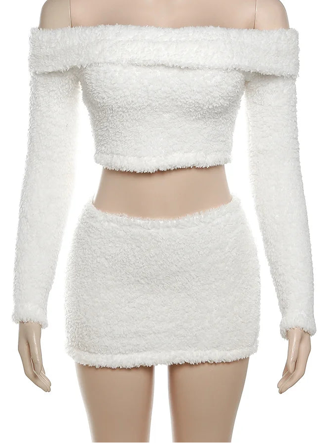 ITGIRLSOCIETY Furry Slash Neck Crop Top & Mini Skirt Set