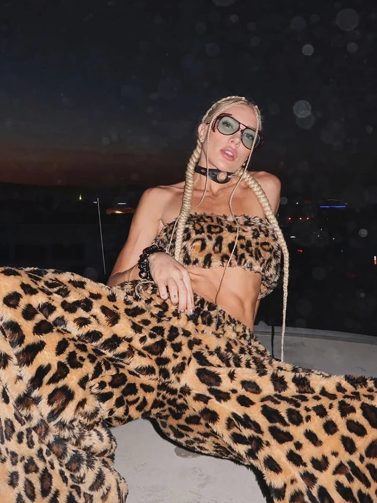 Weird Puss Furry Leopard Print 2-Piece Set Women Punk Style Hottie Sleeveless Crop Vest+Wide Pants Trend Matching Street Suits