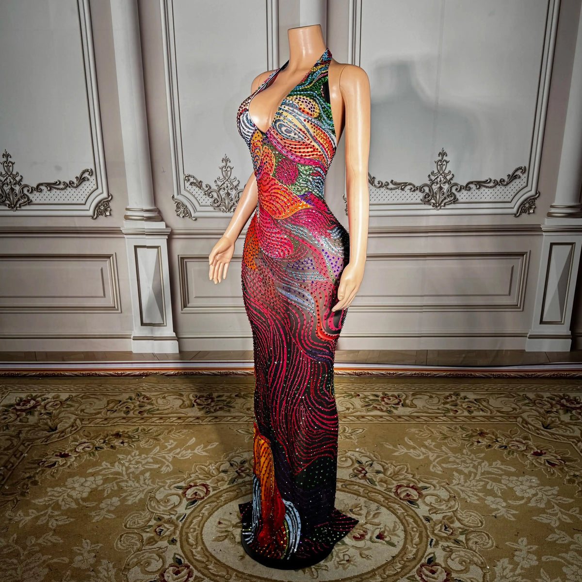 ITGIRLSOCIETY Sheer Mesh Crystal Rhinestone Gown