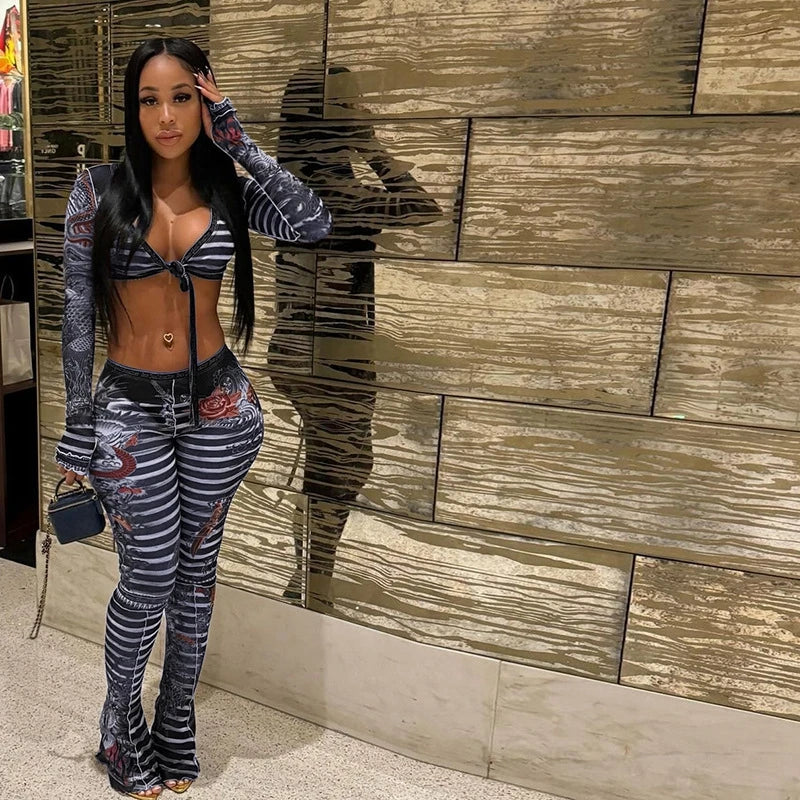 STYLISH LADY Cartoon Letter Printed Mesh 2 Piece Set Women Long Sleeve Crop Top and Skinny Pant Sets 2025 Sexy Club Party Outfit