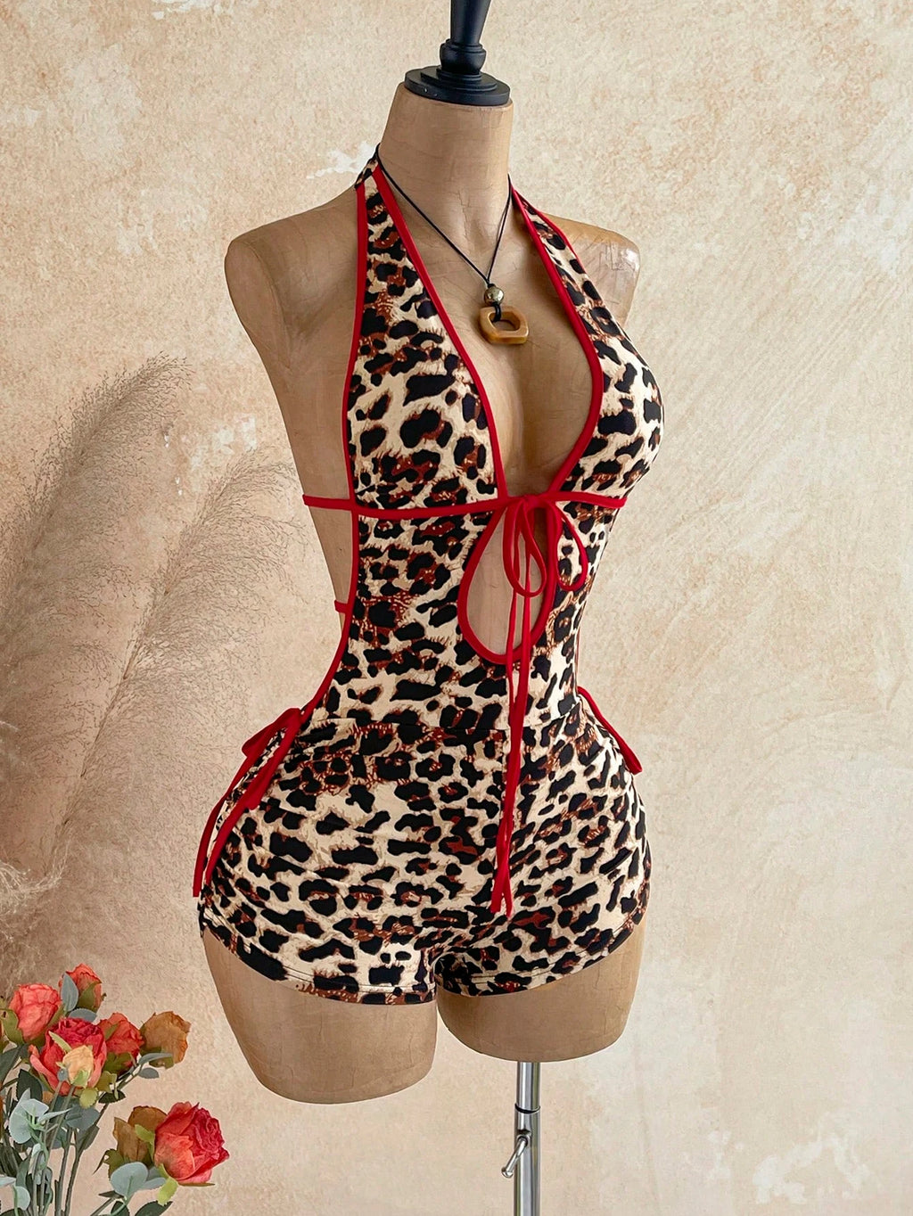 ITGIRLSOCIETY Leopard Print w/ Red Halter Neck Jumpsuit