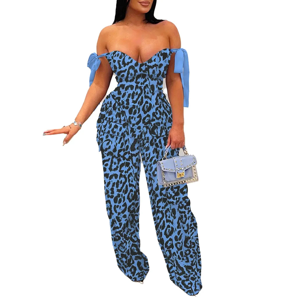 2 Piece Sets Women Print Top Straight Pants Suit Multiple Pockets Strapless Floor Length Trousers Ensemble 2025 Sexy Outfits