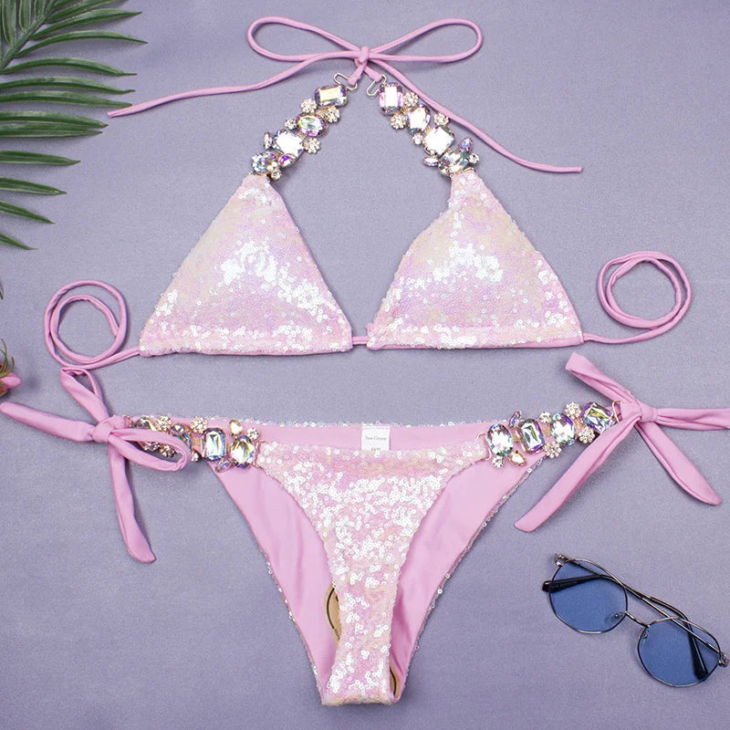 Shiny Sexy Bikinis Swimsuit With Rhinestones Women Swimwear Female Push Up Bikini Beach Swim Wear Bathing Suits Pool Bather 2025