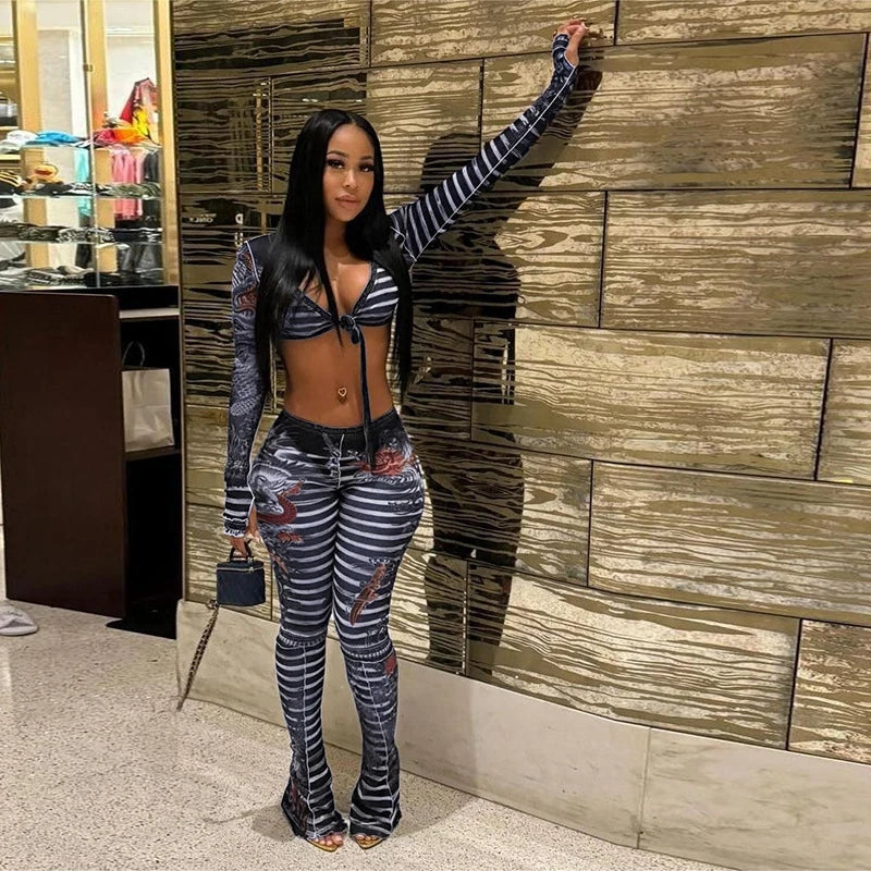 STYLISH LADY Cartoon Letter Printed Mesh 2 Piece Set Women Long Sleeve Crop Top and Skinny Pant Sets 2025 Sexy Club Party Outfit