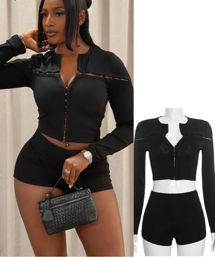 ITGIRLSOCIETY Y2K Hook Clasp Hollow Crop Top & Hot Pants Set