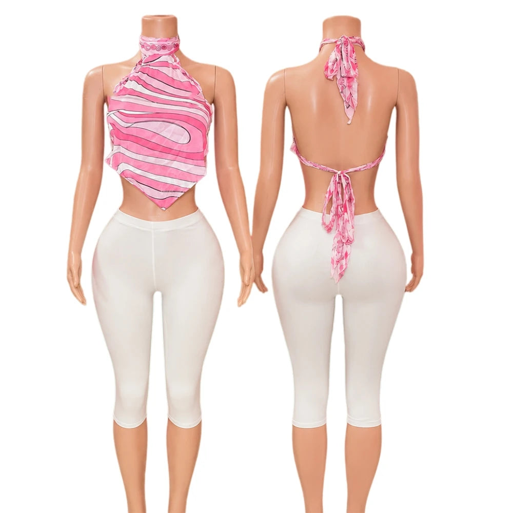 ITGIRLSOCIETY Halter Backless Top & Capri Pants Two Piece Set