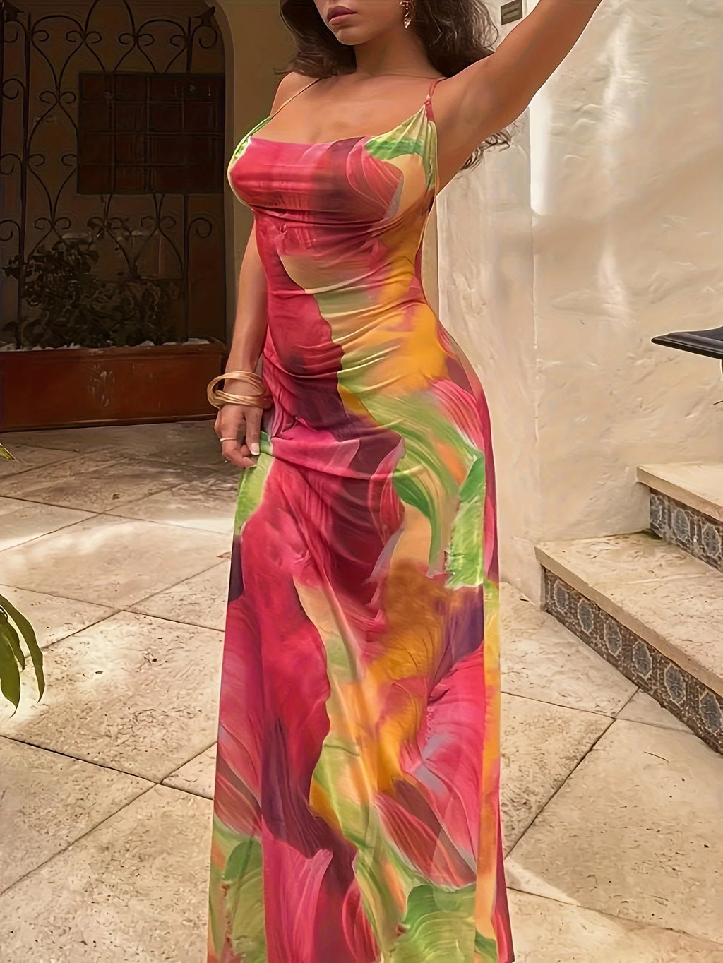 ITGIRLSOCIETY Floral Print Spaghetti Strap Maxi Dress