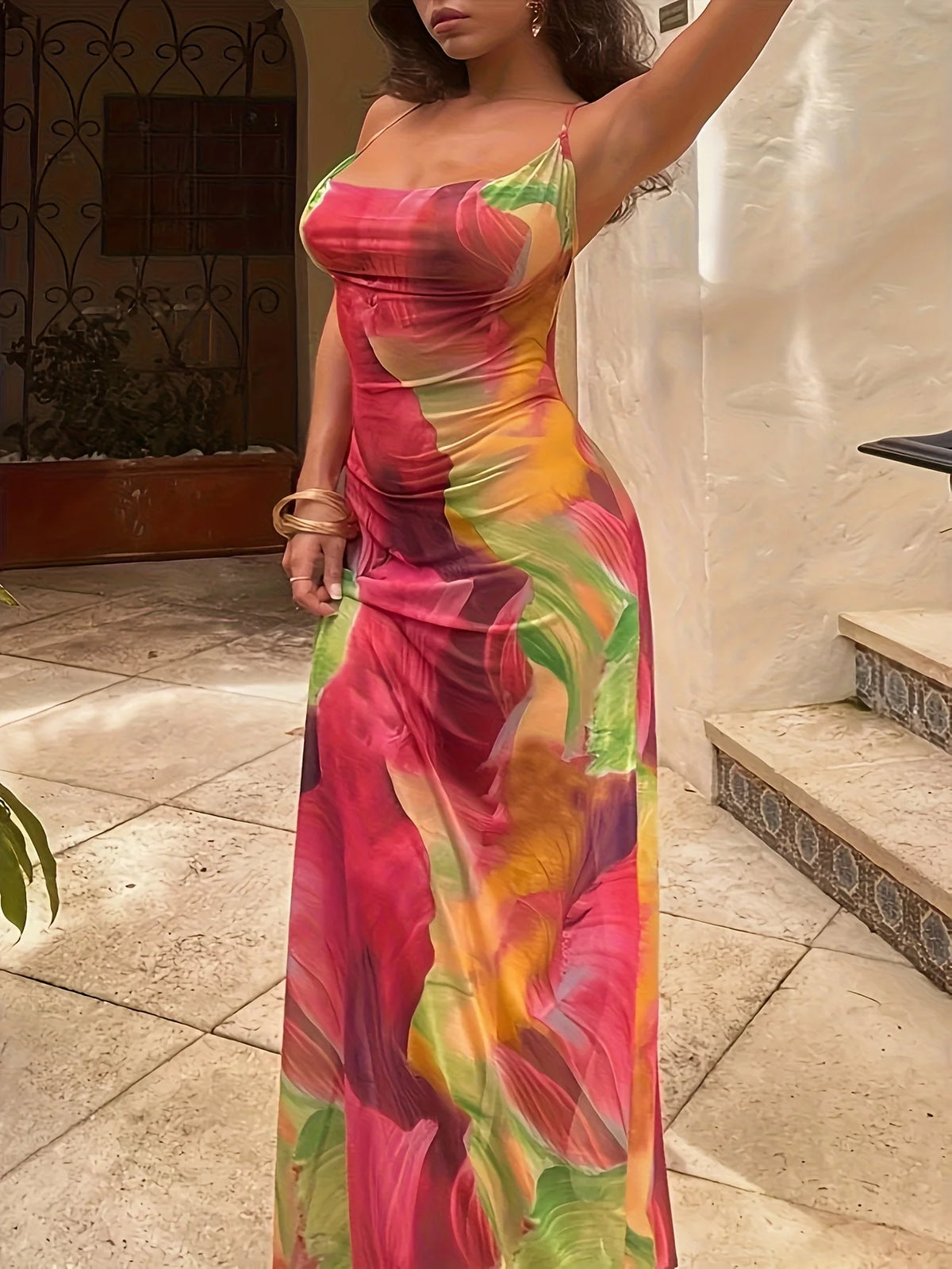 ITGIRLSOCIETY Floral Print Spaghetti Strap Maxi Dress