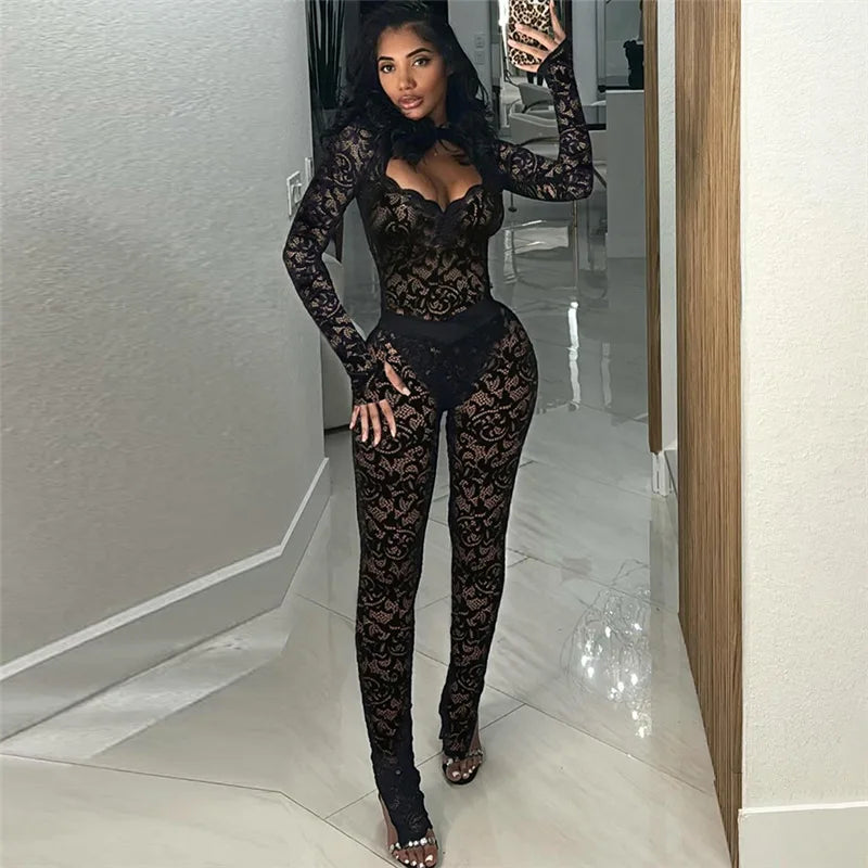 Leosoxs See Through 2 Piece Set Women Sexy  Hollow Jacquard Backless Bodysuit+Leggings Tight Activity Clubwear Skinny Outfits