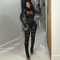 Leosoxs See Through 2 Piece Set Women Sexy  Hollow Jacquard Backless Bodysuit+Leggings Tight Activity Clubwear Skinny Outfits