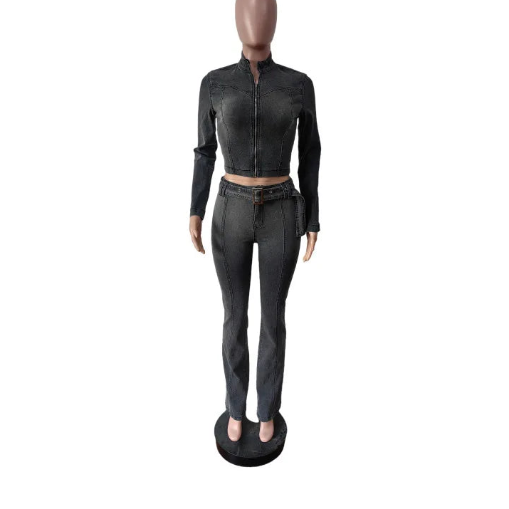 ITGIRLSOCIETY Denim Flare Pants Two-Piece Set