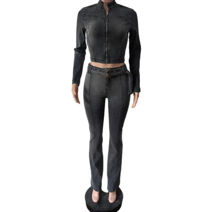 ITGIRLSOCIETY Dark Gray Denim Flare Pants Two-Piece Set