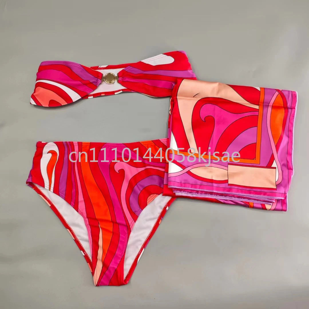 Classic Design Women's Red Bikini Sets Fashion Brand Lady Beachwear Headband Swimsuits Swimwear