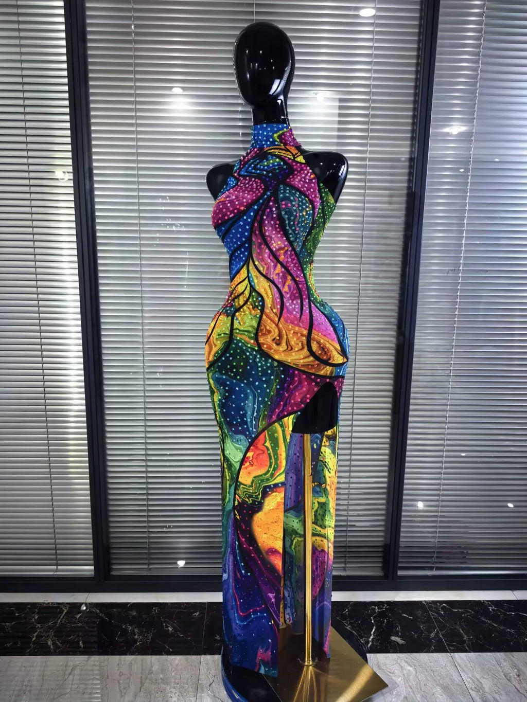 ITGIRLSOCIETY Colorful Rhinestone Off-Shoulder Mesh Dress