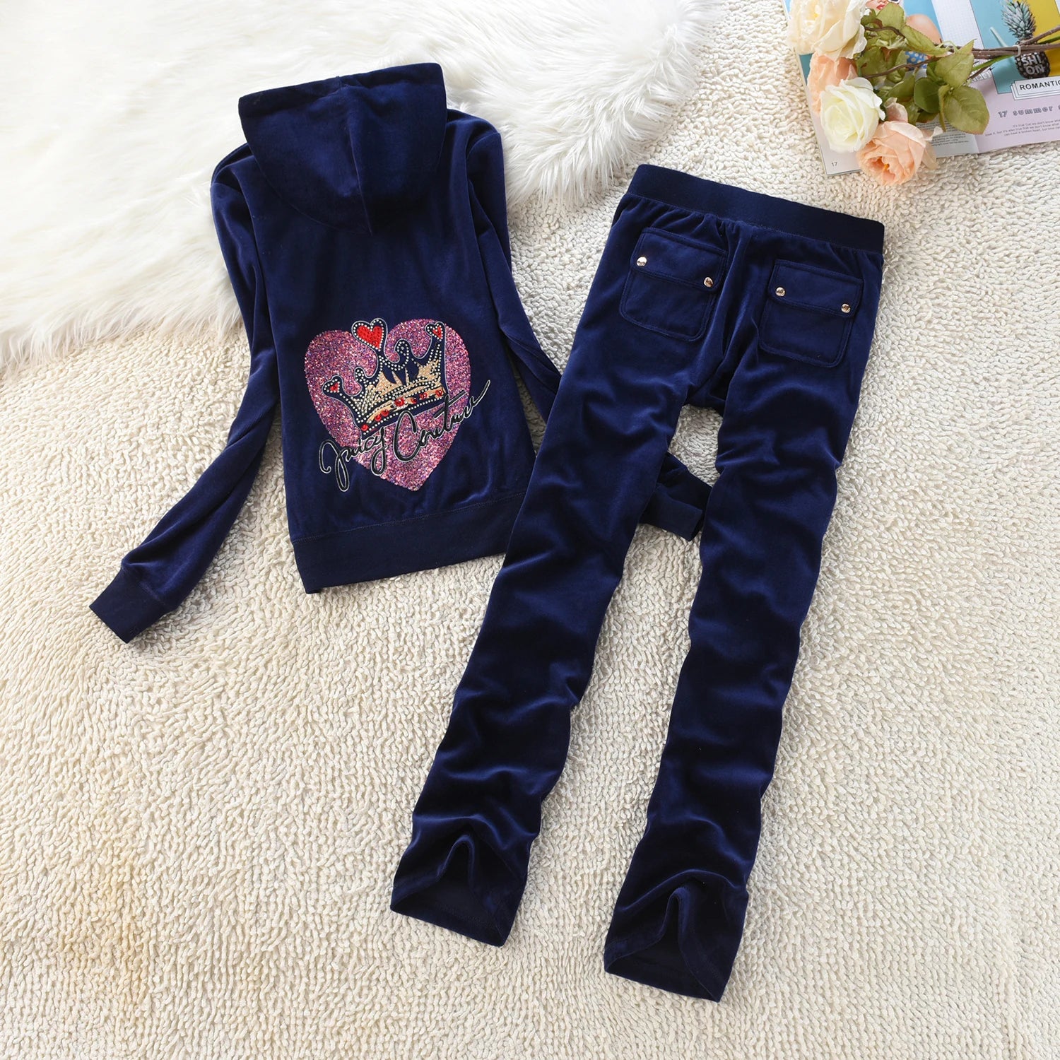 Velvet Tracksuit Hooded Winter Women Hooded Velvet Suit American Streetwear Casual Hooded Sweatshirt 2pc Casual Women's Suit